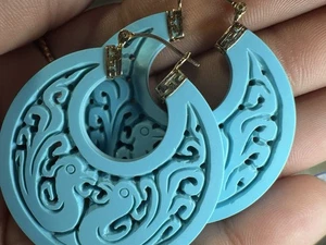 14k Yellow Gold Sleeping Beauty Turquoise Earrings Hoop Phoenix Bird 14G 43.7MM - Picture 1 of 19