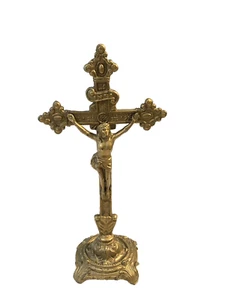 Vintage INRI Metal Cross Jesus Crucifixion Christ Gold Tone Ornate Crucifix - Picture 1 of 12