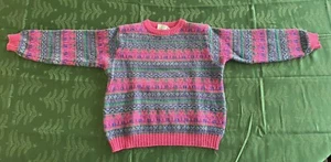 United Colors Of Benetton 012 Girls Sz Large Sweater Pink Purple Stripes Shapes - Picture 1 of 10