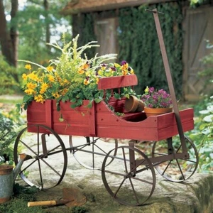 Rustic Red Wooden Amish Country Wagon Garden Statue Planter - Picture 1 of 1
