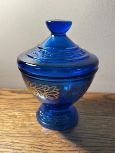 Vtg Westmoreland cobalt blue glass with gold accent candy dish with lid, 5" - Picture 1 of 11