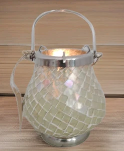 Mirror Glass Mosaic Candle Holder Lantern Globe Silver & Handle - Picture 1 of 16