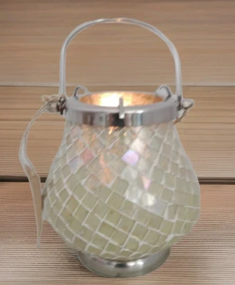 Mirror Glass Mosaic Candle Holder Lantern Globe Silver & Handle - Image 1 of 4