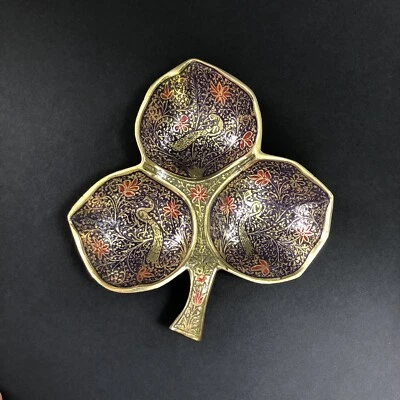 涂色黄铜 Cloisonné 孔雀三叶草糖果坚果碗盘中东 — 第 1/4 张图片