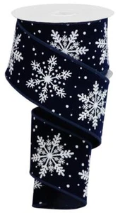Copos de nieve brillantes en cinta de terciopelo, azul marino blanco brillo, vacaciones/invierno, Wi - Imagen 1 de 1