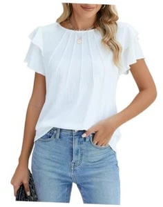 Women Dressy Casual Tops Business Work Blouses Summer Shirts Medium White - Picture 1 of 7