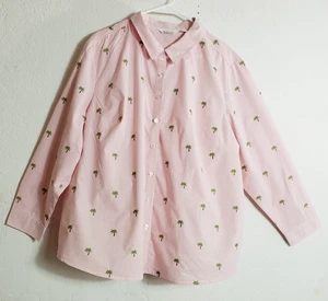 Lemon Way Shirt Womens 2X Pink Striped Button Up Palm Trees Embroidery Preppy - Picture 1 of 11