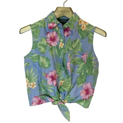 RALPH LAUREN VTG гавайский льняной галстук спереди укороченный топ размер 6P 6 миниатюрный пляж тропический - Изображение 1 из 4