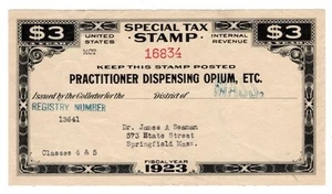 US 1923 $3.00 Practitioner Dispensing Opium Special Tax Stamp - Picture 1 of 2