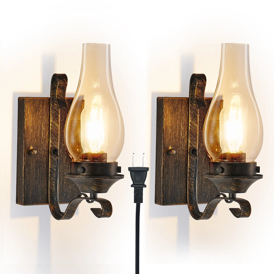 2 Pack indoor Vintage Plug in Wall Light Oil Rubbed Bronze Sconce Glass Fixture - Image 1 of 4