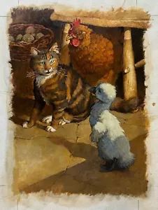 Original TROY HOWELL 'Ugly Duckling' CAT Chicken Duck BOOK Illustration PAINTING - Picture 1 of 14