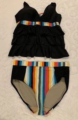 Swim by Cacique Hot Stripes Tankini 2 Pc Sz 18 Black Ruffled Adjustable Straps - Image 1 of 4