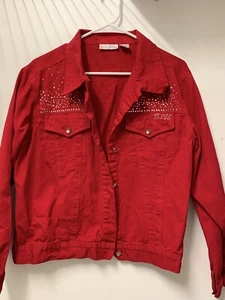 Women’s RED HAT SOCIETY Red Denim Jean Jacket Rhinestones RHS Brand Medium - Picture 1 of 7