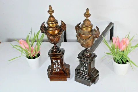 Antique French bronze fireplace andirons ram heads Cover