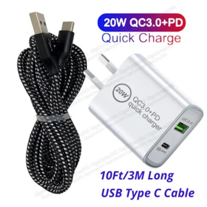 20W PD QC 3.0 Fast Wall Charger USB C Power Adapter Cable 3M For Samsung S10 S9 - Picture 1 of 14