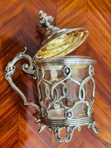 Antiker Sterling Silber Senftopf Faun Satyrkopf Dekor gepunzt 19. Jh. - Bild 1 von 8