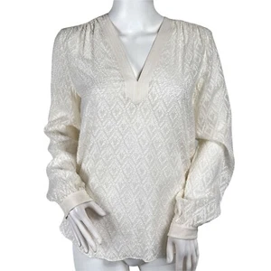 Top blusa boho Rebecca Taylor seta panna scollo a V profondo manica lunga taglia 4 difetto - Foto 1 di 10