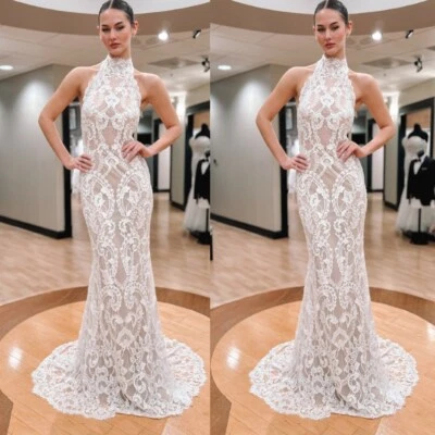 Champagne Mermaid Wedding Dresses Halter High Neck Sexy Full Lace Bridal Gowns - Image 1 of 4