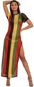 Ladies Rasta 100% Cotton Multicolored Side Slit String Mesh Maxi Dress Free Size - Picture 1 of 10
