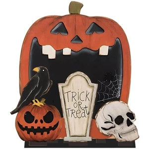 Eerie Humorous Wooden Halloween Centerpieces Feature Cannibal Pumpkins Design - Picture 1 of 8