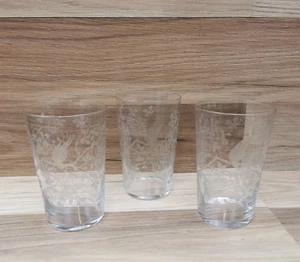 3 x  Vintage Bird in Tree Etched Thin Glass Tumblers - Picture 1 of 12