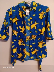 Pokemon Pikachu Tie Bath Robe Boys Kids Plush Hooded Fleece Size XS (4) Blue - Picture 1 of 9