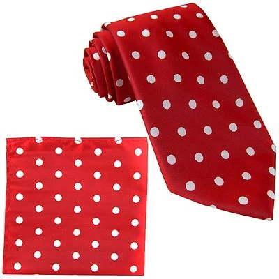 New Men's Polyester Woven Necktie & Hankie Polka White Dots Red formal party - Image 1 of 3