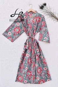 Women's Bathrobe Swim Wear Bikini Cover-up Grey Floral Nighty Long Size Kimono - Picture 1 of 7