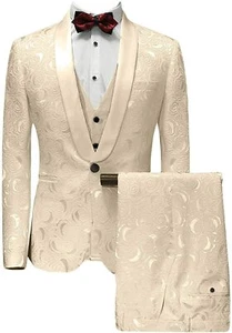 Champagne Men Jacquard Paisley Floral Suit Prom Groomsman Tuxedo Wedding Custom - Picture 1 of 9