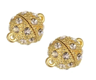 2 x 10mm Gold Colour Magnetic Clasps - Rhinestone Diamante Ball Findings - Image 1 of 4