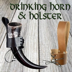 Viking Drinking Horn & Leather Holster Murrah Buffalo Ox Beer Ale - Picture 1 of 8
