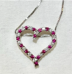 18K White Gold Heart Diamond and Ruby Pendant 14k white gold chain never worn - Picture 1 of 13