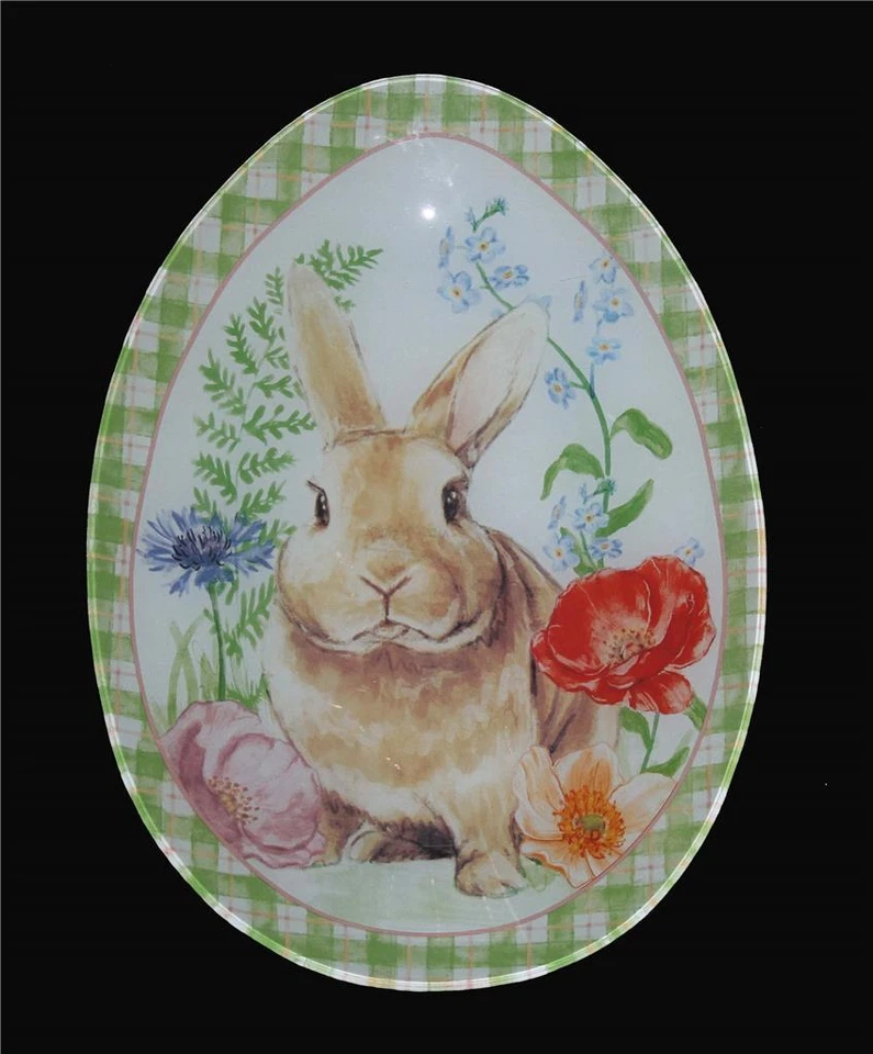 Plato de vidrio Madison Studio floral marrón conejo a cuadros borde en forma de huevo NUEVO Foto 1 de 1