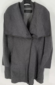 Elie Tahari Women Gray Wool Blend Collared Snap Up Belted Trim Lamb Leather Coat - Picture 1 of 5