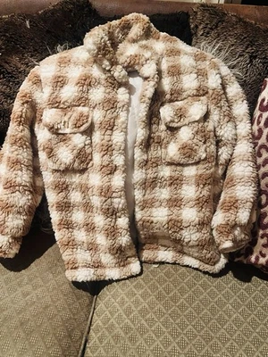 Chaqueta Sherpa a Cuadros para Niñas Talla 8 con Bolsillos Dobles en el Pecho a Cuadros Marrón y Blanco Foto 1 de 4