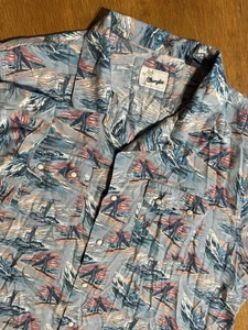 Wrangler Shirt XXL Cowboy Roping Sunset Print Rayon Western Pearl Snap Rodeo - Picture 1 of 7