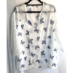 White Butterfly Crochet Sleeve Blouse XL – Boho Sheer Print Top - Picture 1 of 6