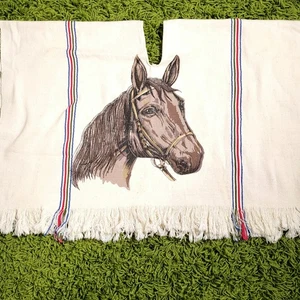 VINTAGE VENEZUELA HORSE BLANKET PONCHO SERAPE WHITE COTTON CROPPED 78"x 32"  - Picture 1 of 11