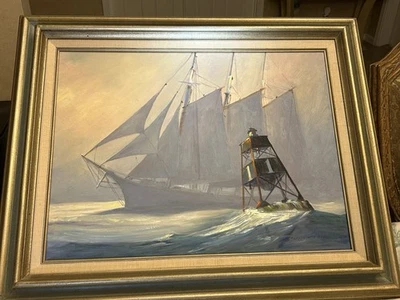 Patricia A.Slane Oil Painting Sailing Ship Nautical Maritime Lighthouse Seascape - Image 1 of 3