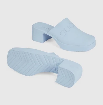 Gucci Women Rubber Mules Blue Logo Embossed Slip Sandals Heel Clogs G 36 US 6 - Image 1 of 4