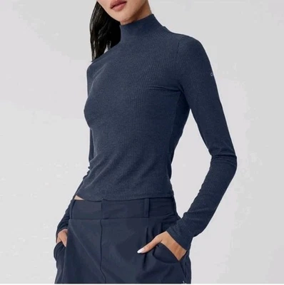 Alo Yoga Wellness Rib Mock Neck Longsleeve Top Navy Small - Image 1 of 3