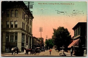 1913 Hackensack NJ Main Street Horse & Buggy Auto Chromolithograph Postcard - Picture 1 of 2