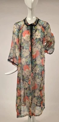 1930-е ПРОЗРАЧНОЕ ЦВЕТОЧНОЕ ШЕЛКОВОЕ ШИФОНОВОЕ ПАЛЬТО С БАРХАТНОЙ ОКАНТОВКОЙ - Изображение 1 из 4