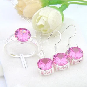 Conjunto de Joyas Redondas 10MM Topacio Rosa Plata Pendientes Colgantes Collares Anillos - Imagen 1 de 6