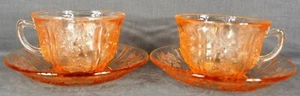 2 Vintage Sharon Cabbage Rose Pink Depression Glass Flat Cups & Saucers - Picture 1 of 8