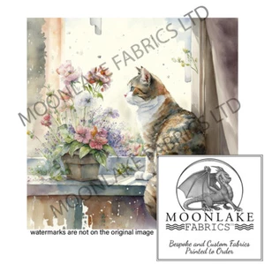 Watching The World Go By Cat at Window 100% Cotton or Polyester Fabric Squares - Picture 1 of 3