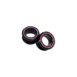 Pair of Screw Fit Black Ion Plated Flare Tunnels with Press Fit Pink CZ Jewels