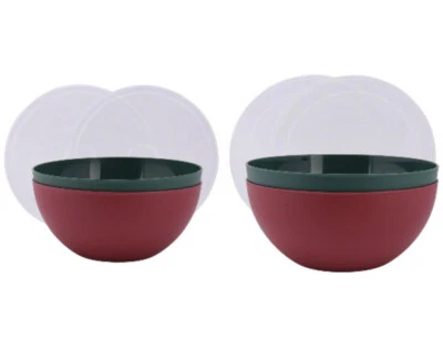 Mainstays Cuencos de Plástico para Servir con Tapas Redondos, Juego de 4, Rojo Oscuro y Verde, NUEVO Foto 1 de 2