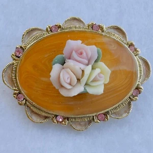 Vintage 1928 Co Porcelain Roses Flower  Enamel Pin Brooch Pink Rhinestone Oval - Picture 1 of 6