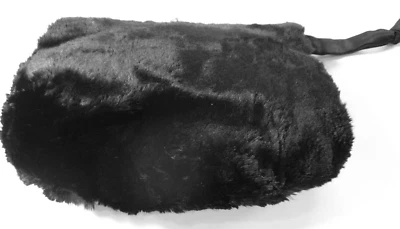 Vintage Black Fur Hand Warmer Muff Pouch Purse with Wrist Strap, Satin Lining - Image 1 of 4